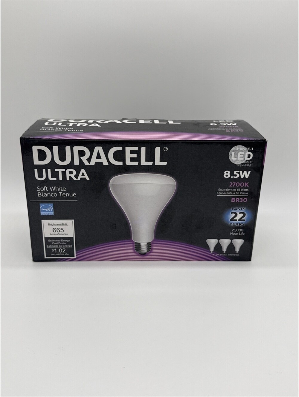 NIB Duracell Ultra Soft LED 8.5 W 2700 KBR 3020 5000 Hour Life Three Pack Bulbs